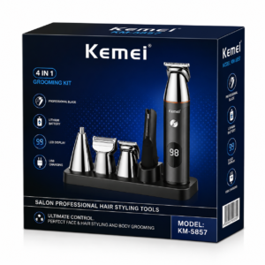 Kemei KM-5857 Professional 4-in-1 Grooming Kit retail box featuring rechargeable hair trimmer, interchangeable grooming heads, LED display, and USB charging.