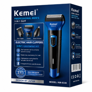 Kemei KM-6330 Professional 3-in-1 Multifunction Electric Shaver & Grooming Kit retail box packaging featuring shaver, hair clipper, and nose trimmer attachments