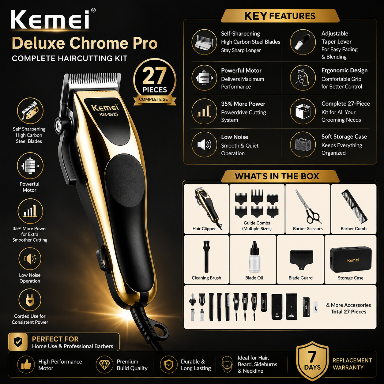 Kemei KM-8825 Deluxe Chrome Pro Hair Cutting Kit infographic showing key features, 27-piece accessories, and 7-day replacement warranty.
