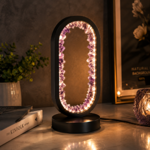 Premium Luxury Crystal LED Table Lamp with Warm White Ambient Lighting on Modern Bedroom Side Table – USB Powered Amethyst Crystal Night Lamp