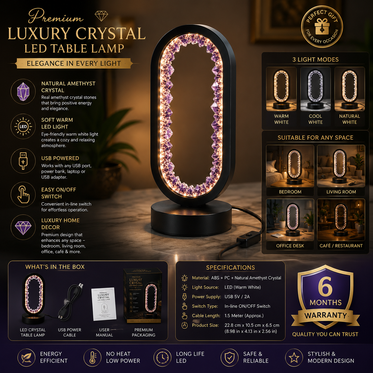 Premium Luxury Crystal LED Table Lamp Features Infographic with Amethyst Crystal, USB Powered, Warm LED Light, Retail Box, and Complete Product Specifications