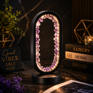 Premium Luxury Crystal LED Table Lamp on Luxury Home Decor Setup with Warm White Ambient Lighting and Natural Amethyst Crystal Design