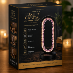 Premium Luxury Crystal LED Table Lamp Retail Box Packaging with Amethyst Crystal Design, USB Powered Decorative Night Lamp