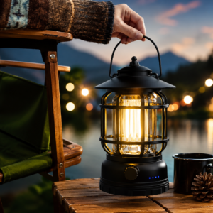 Retro Portable Rechargeable Camping Lamp being carried at a lakeside campsite during sunset, providing warm waterproof LED lighting for camping, hiking, and outdoor adventures.