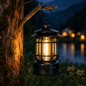 Retro Portable Rechargeable Camping Lamp hanging from a tree branch at night, providing warm waterproof LED lighting for camping, hiking, and outdoor adventures.