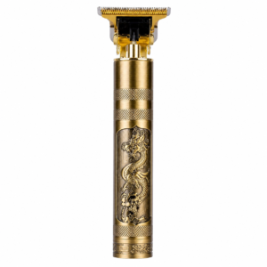 Vintage T9 Professional Cordless Hair Clipper Golden Dragon Edition with T-shaped stainless steel blade, premium engraved metal body, USB rechargeable design, and precision beard and hair trimming.