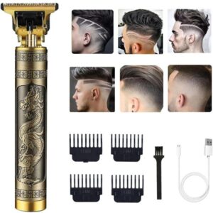 Vintage T9 Professional Hair Clipper Golden Dragon Edition with haircut style examples, four guide combs, USB charging cable, cleaning brush, and precision T-blade for professional hair and beard grooming.