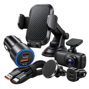 Car Accessories category icon with car charger, phone holder, dash camera and charging cable