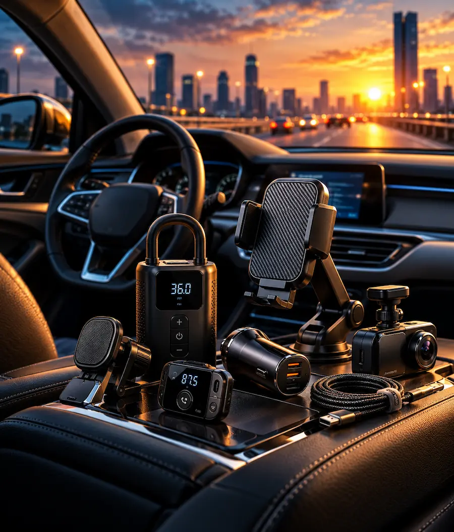 Car Accessories with Phone Holder Dash Cam Tire Inflator Charger and Charging Cable