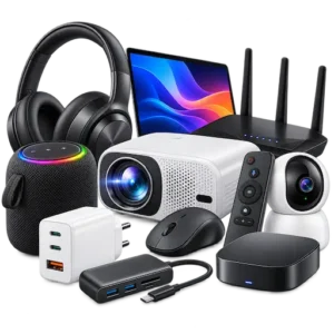 Electronics category icon with projector, router, headphones, speaker and smart electronic devices