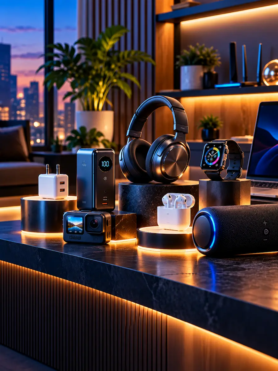 Premium Electronics Collection with Headphones Smartwatch Earbuds Power Bank and Speaker