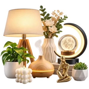 Home Decor category icon with decorative lamp, moon light, diffuser, plants and ornaments