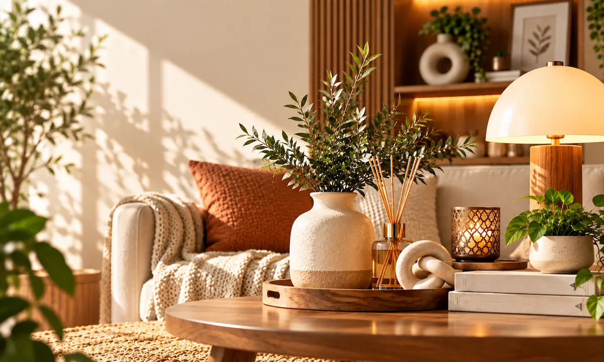 Warm Japandi Home Decor with Vase Lamp Plants and Decorative Accessories