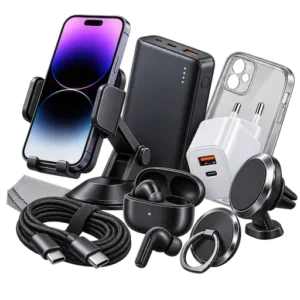 Mobile Accessories category icon with phone holder, power bank, charger, earbuds and USB-C cable