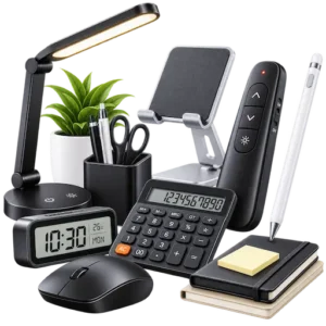 Office & Lifestyle Gadgets category icon with desk lamp, presenter, stylus, calculator and desk accessories