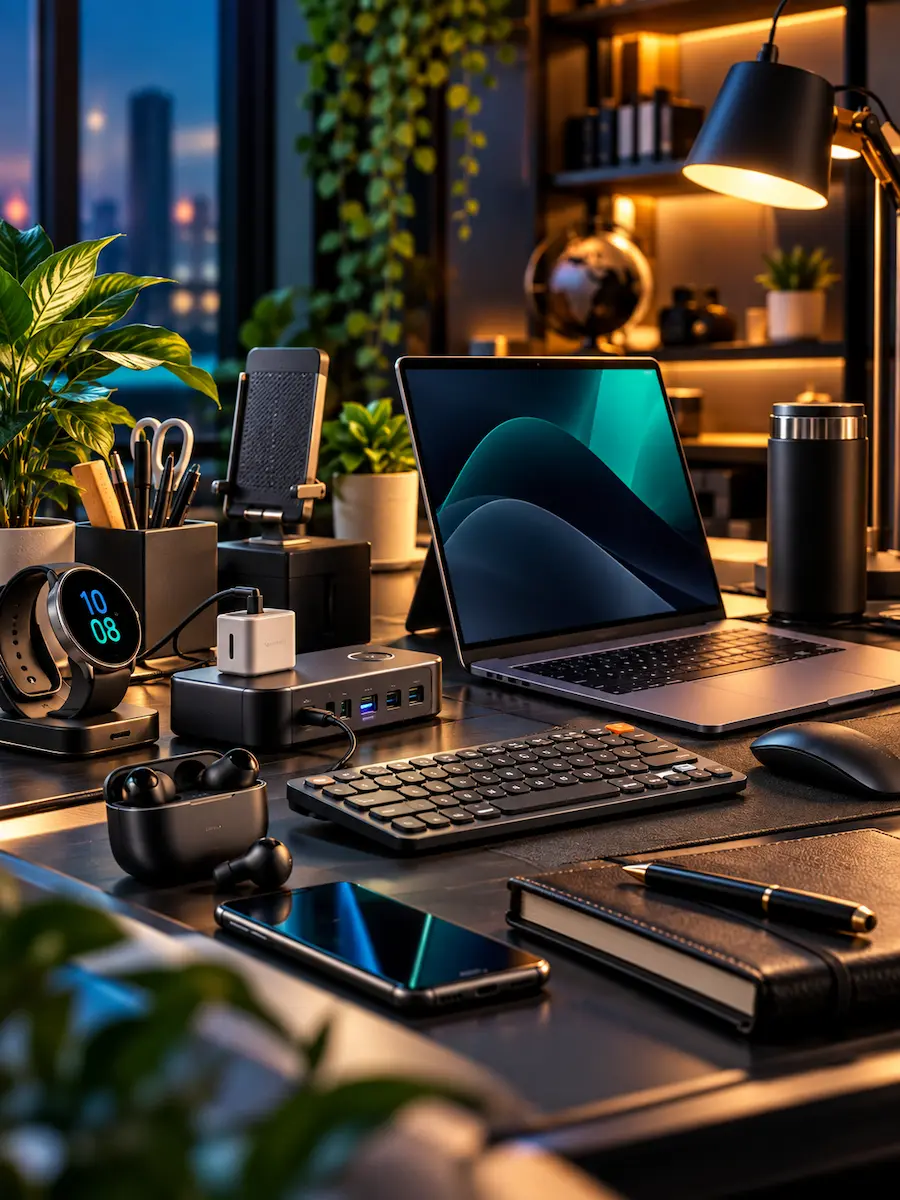 Office and Lifestyle Gadgets with Laptop Keyboard Smartwatch Earbuds Charging Hub and Desk Accessories