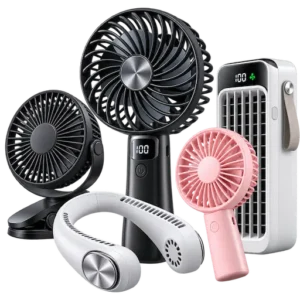 Portable Fan category icon with handheld, clip, neck and mini rechargeable fans