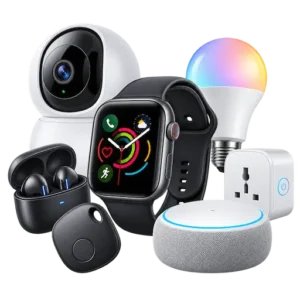 Smart Gadgets category icon with smartwatch, smart camera, earbuds, smart bulb and smart home devices