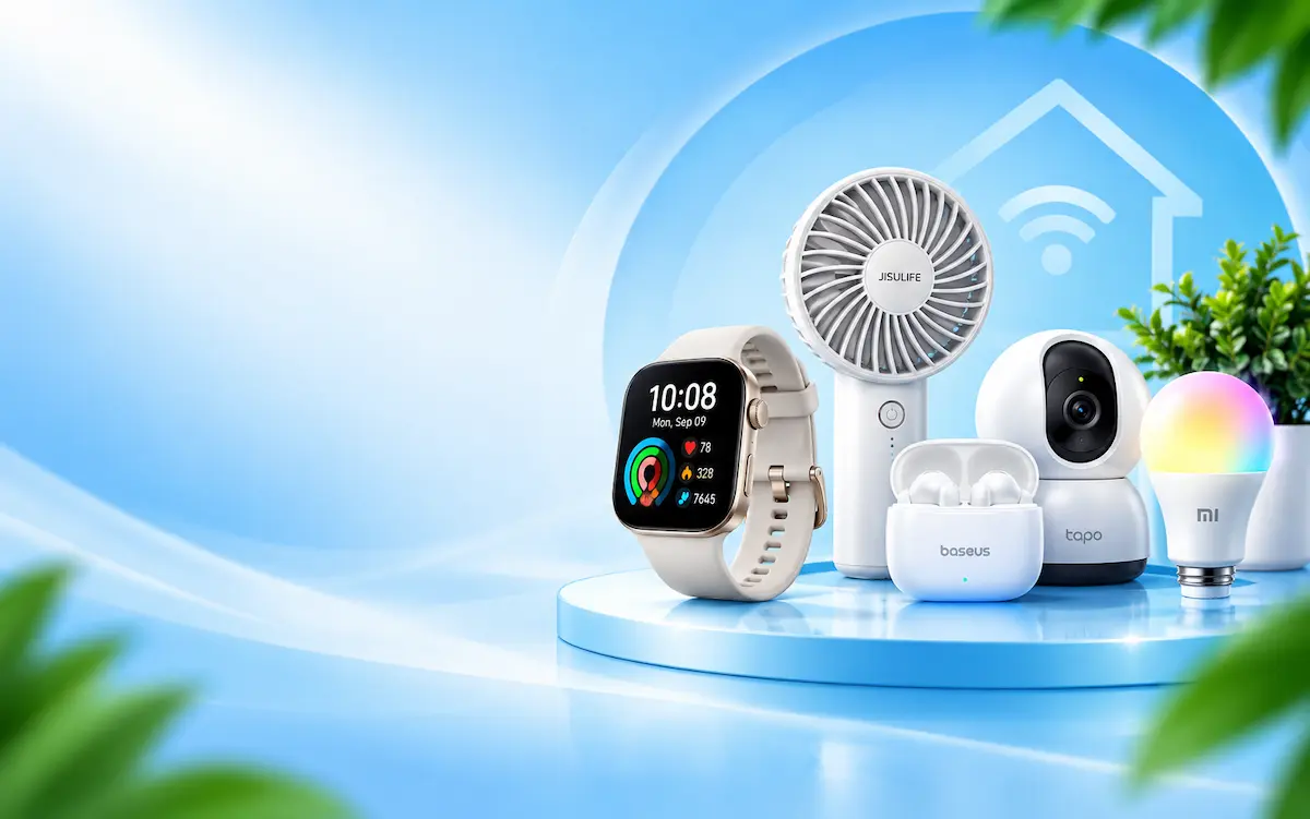Smart lifestyle gadgets with smartwatch, portable fan, smart camera, earbuds and smart bulb at DFL Express