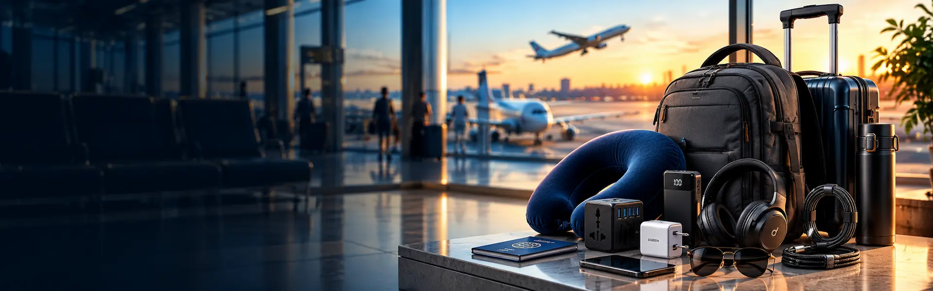 Travel Accessories with Backpack Power Bank Headphones Adapter and Carry-On Luggage at Airport