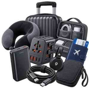 Travel Accessories category icon with travel adapter, power bank, luggage, neck pillow and organizer