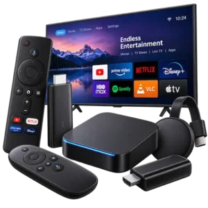 TV & Streaming Devices category icon with smart TV, streaming box, streaming sticks and remote controls