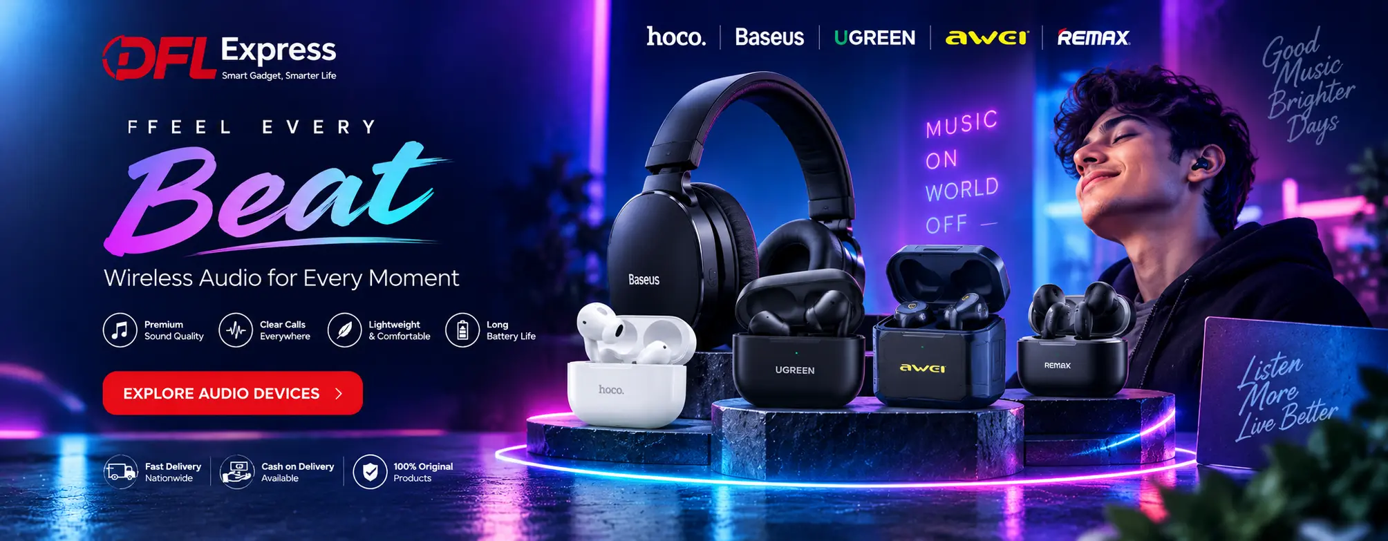 DFL Express wireless earbuds headphones and audio devices hero banner