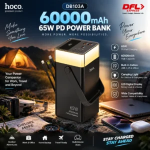 HOCO DB103A 60000mAh 65W PD Power Bank with built-in cables and camping light
