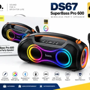 HOCO DS67 SuperBass Pro 60W RMS Bluetooth party speaker with dual wireless microphones, RGB lighting and 6000mAh battery