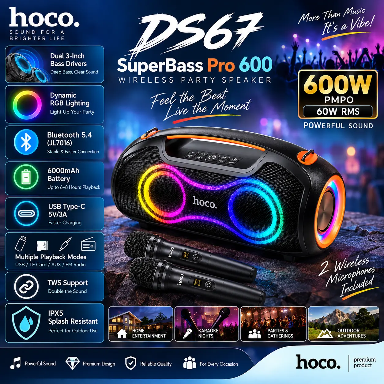HOCO DS67 SuperBass Pro 60W RMS Bluetooth party speaker with dual wireless microphones and RGB lighting