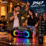 HOCO DS67 SuperBass Pro 60W RMS party speaker in use with dual wireless microphones, RGB lighting and karaoke setup