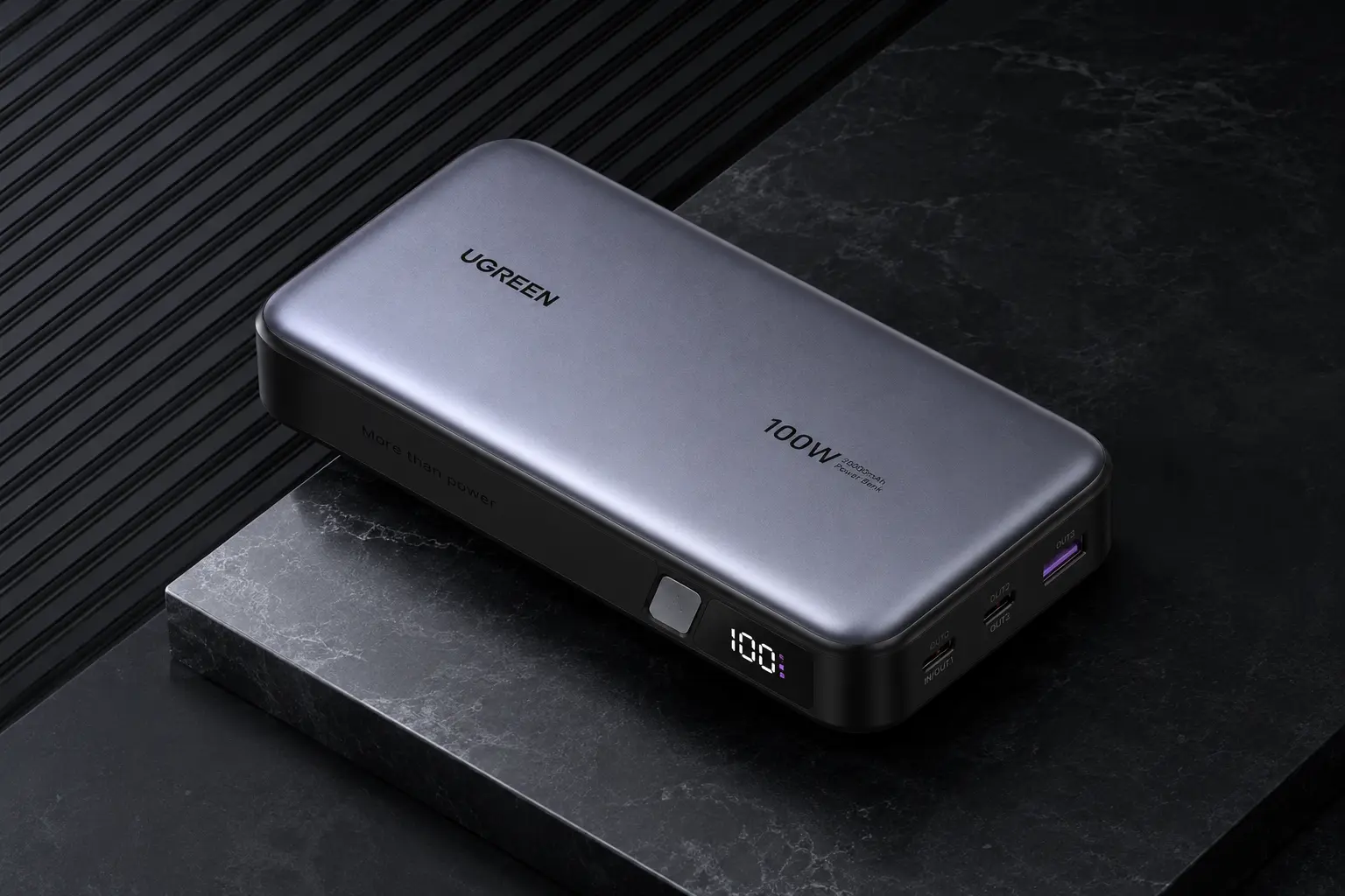 ugreen-20000mah-100w-fast-charging-power-bank-luxury-black-premium-view UGREEN 20000mAh 100W Fast Charging Power Bank in luxury black theme with LED display and premium metal finish